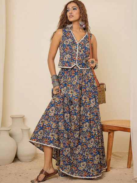 Women Blue Printed V-Neck Pure Cotton Waistcoat With Skirt Co-Ords Set VitansEthnics