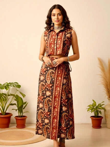 Women Printed Shirt Collar Shirt & Skirt Co-Ords Set VitansEthnics