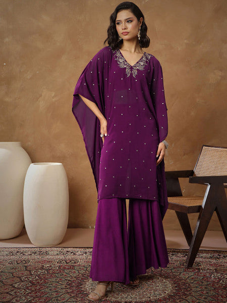 Women Floral Embroidered Thread Work Kaftan Kurta with Palazzos VitansEthnics