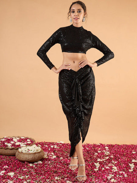 Women Sequinned Embellished High Neck Crop-Top With Front Frill Maxi Skirt VitansEthnics