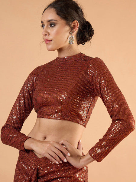 Women Embellished Sequinned High Neck Top With Skirt Set VitansEthnics