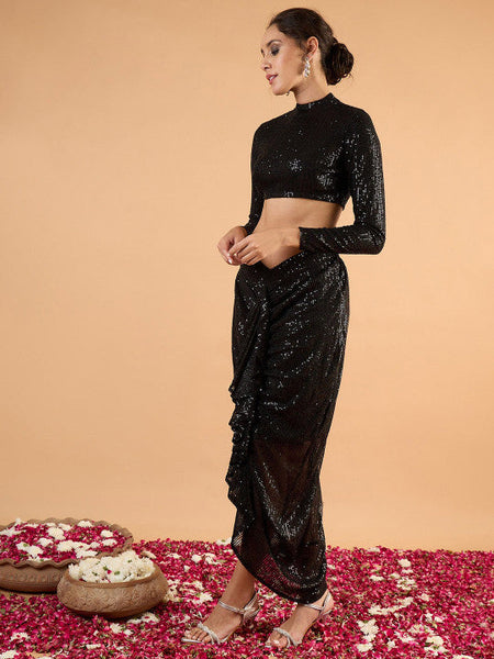 Women Sequinned Embellished High Neck Crop-Top With Front Frill Maxi Skirt VitansEthnics