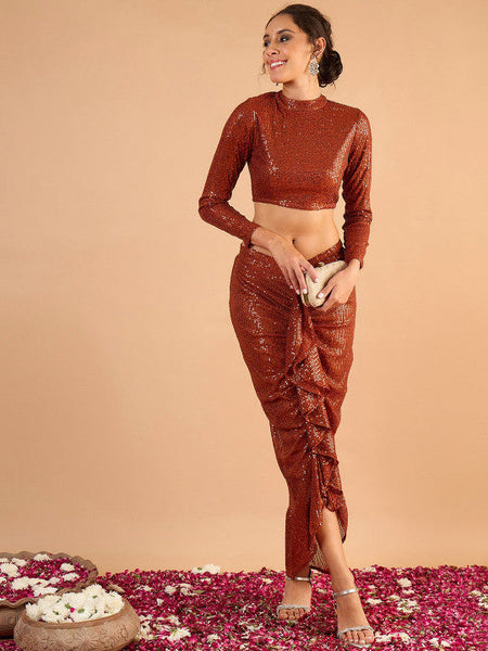 Women Embellished Sequinned High Neck Top With Skirt Set VitansEthnics