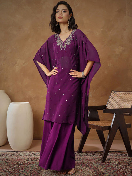 Women Floral Embroidered Thread Work Kaftan Kurta with Palazzos VitansEthnics