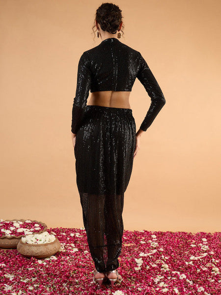 Women Sequinned Embellished High Neck Crop-Top With Front Frill Maxi Skirt VitansEthnics