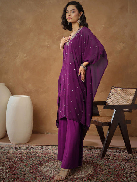Women Floral Embroidered Thread Work Kaftan Kurta with Palazzos VitansEthnics