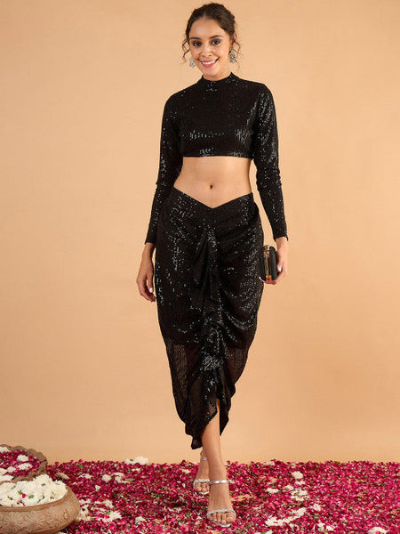 Women Sequinned Embellished High Neck Crop-Top With Front Frill Maxi Skirt VitansEthnics