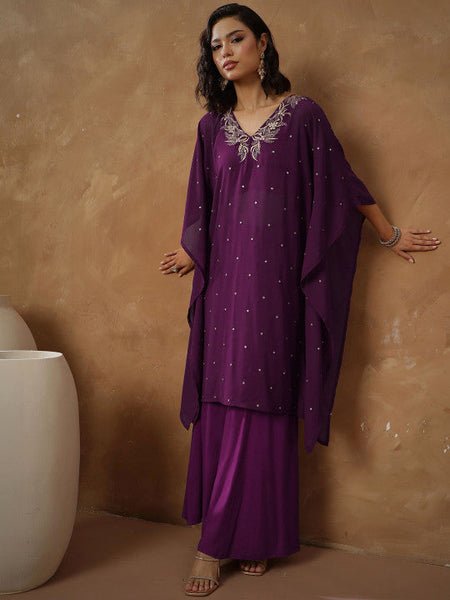 Women Floral Embroidered Thread Work Kaftan Kurta with Palazzos VitansEthnics