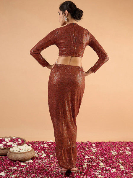 Women Embellished Sequinned High Neck Top With Skirt Set VitansEthnics