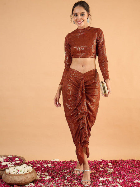 Women Embellished Sequinned High Neck Top With Skirt Set VitansEthnics