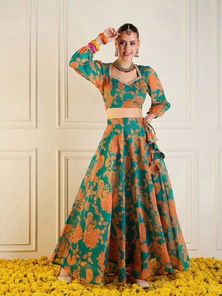 Women Green Printed Ready to Wear Lehenga Choli VitansEthnics