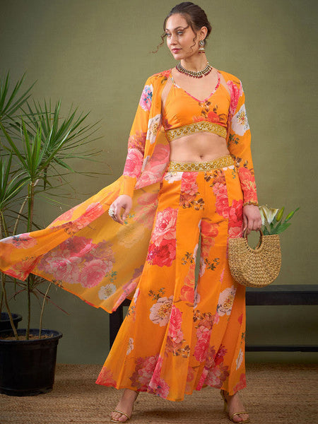 Yellow Floral Printed Crop Top Palazzo With Shrug Co-Ords Set Indo Western Outfit VitansEthnics