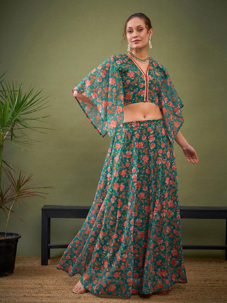 Green Floral Printed Ready to Wear Lehenga Choli VitansEthnics