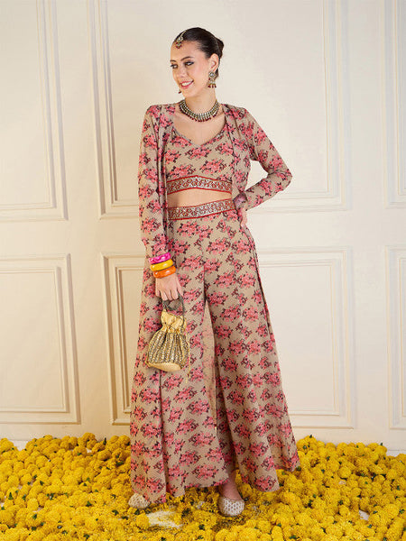 Beige Floral Printed Crop Top Palazzo With Shrug Co-Ords Set Indo Western Outfit VitansEthnics