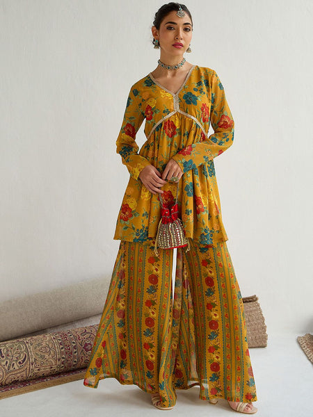 Women Floral Printed Empire Sequinned Kurti with Sharara Set VitansEthnics