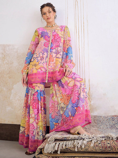 Women Floral Printed Zari Straight Kurta With Sharara Set VitansEthnics