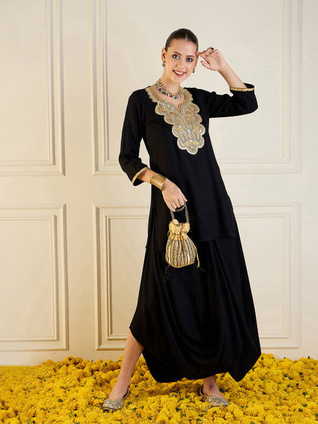 Embroidered Three Quarter Sleeve Tunic & Skirt Co-Ords Set Indo Western Outfit VitansEthnics
