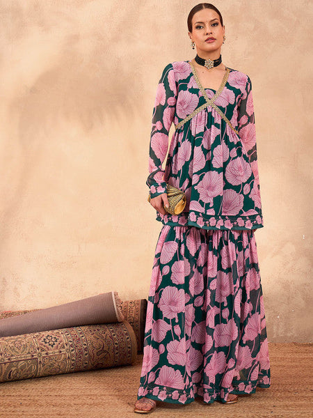 Women Floral Printed V-Neck Zari Anarkali Kurti With Sharara Set VitansEthnics