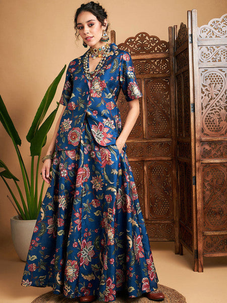Floral Printed Blazer With Skirt Co-Ords Set Indo Western Outfit VitansEthnics