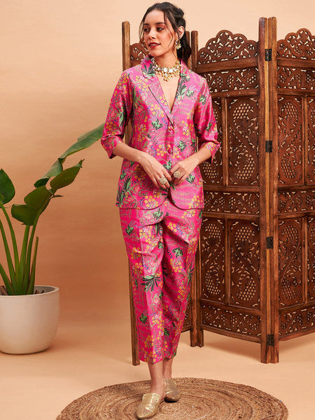 Floral Printed Blazer With Straight Pants Co-Ords Set Indo Western Outfit VitansEthnics