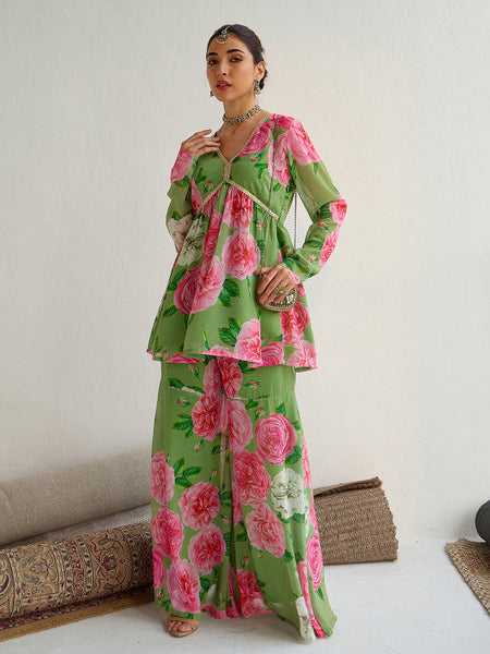 Women Green Floral Printed Empire Sequinned Kurti with Sharara Set VitansEthnics