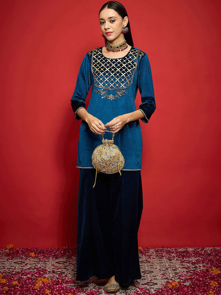 Women Embroidered Regular Velvet Kurta with Palazzos Set VitansEthnics