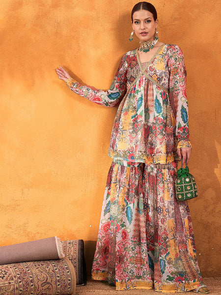 Women Floral Printed V-Neck Empire A-Line Kurti With Sharara Set VitansEthnics