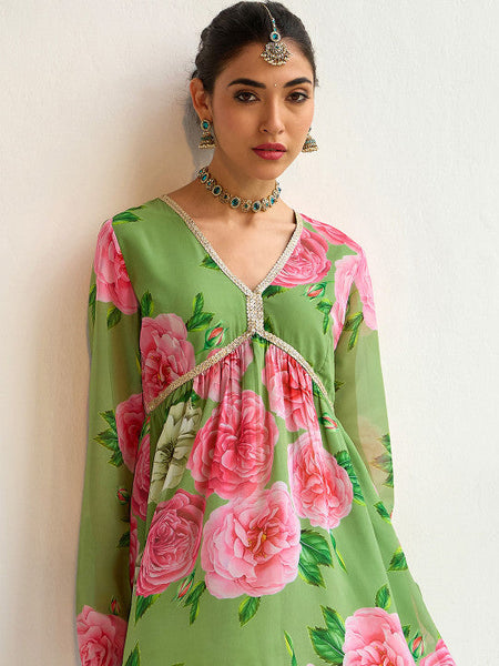 Women Green Floral Printed Empire Sequinned Kurti with Sharara Set VitansEthnics