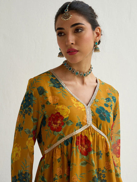 Women Floral Printed Empire Sequinned Kurti with Sharara Set VitansEthnics