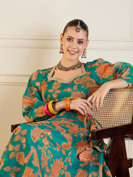Women Green Printed Ready to Wear Lehenga Choli VitansEthnics