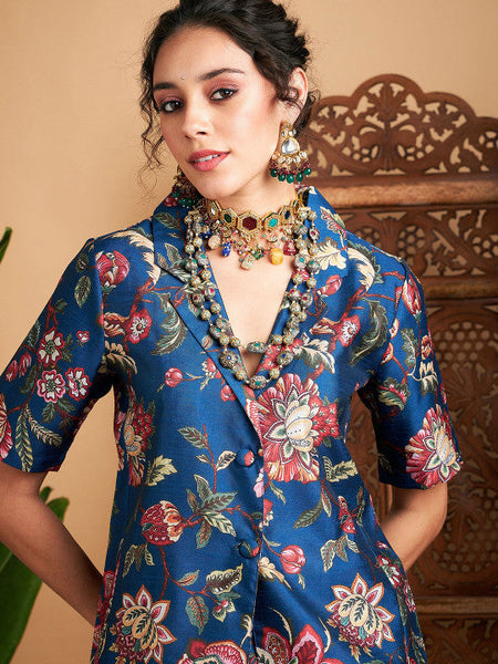 Floral Printed Blazer With Skirt Co-Ords Set Indo Western Outfit VitansEthnics