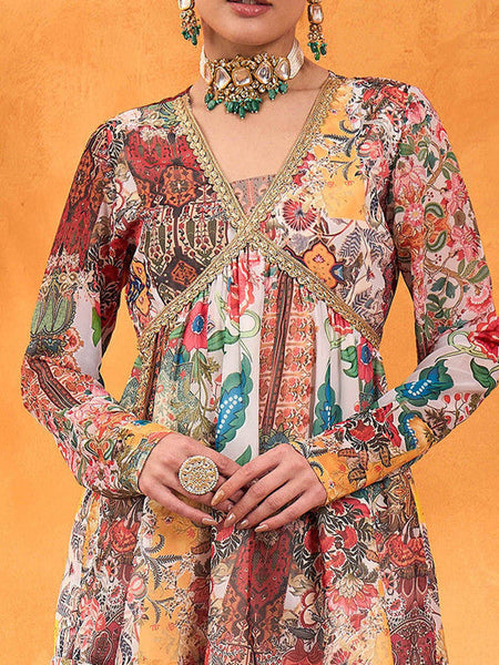 Women Floral Printed V-Neck Empire A-Line Kurti With Sharara Set VitansEthnics