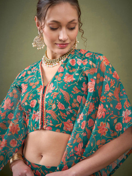 Green Floral Printed Ready to Wear Lehenga Choli VitansEthnics