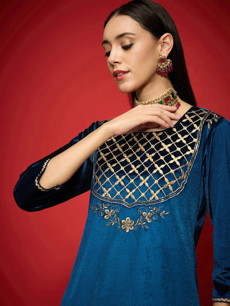 Women Embroidered Regular Velvet Kurta with Palazzos Set VitansEthnics