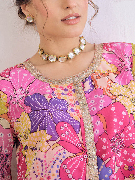 Women Floral Printed Zari Straight Kurta With Sharara Set VitansEthnics