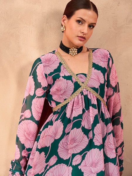 Women Floral Printed V-Neck Zari Anarkali Kurti With Sharara Set VitansEthnics