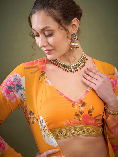 Yellow Floral Printed Crop Top Palazzo With Shrug Co-Ords Set Indo Western Outfit VitansEthnics