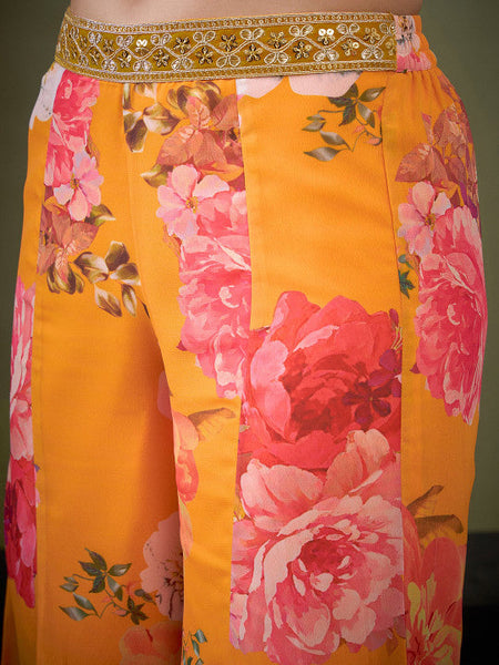 Yellow Floral Printed Crop Top Palazzo With Shrug Co-Ords Set Indo Western Outfit VitansEthnics