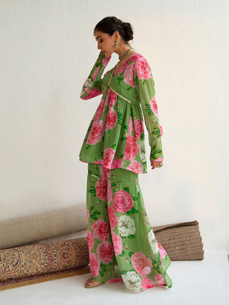 Women Green Floral Printed Empire Sequinned Kurti with Sharara Set VitansEthnics
