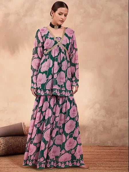 Women Floral Printed V-Neck Zari Anarkali Kurti With Sharara Set VitansEthnics