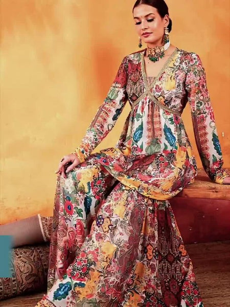 Women Floral Printed V-Neck Empire A-Line Kurti With Sharara Set VitansEthnics