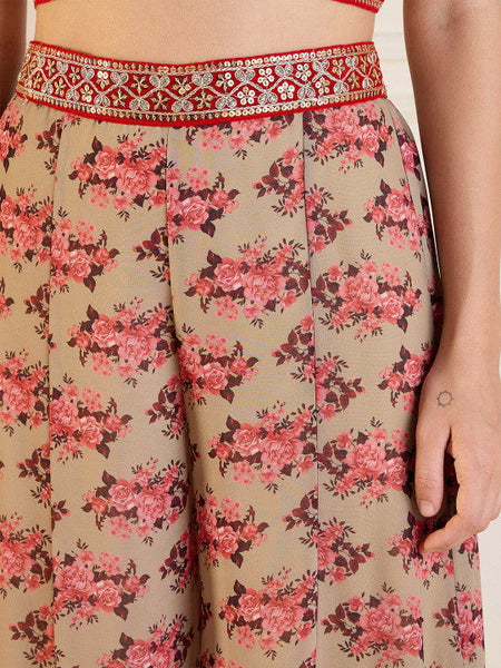 Beige Floral Printed Crop Top Palazzo With Shrug Co-Ords Set Indo Western Outfit VitansEthnics