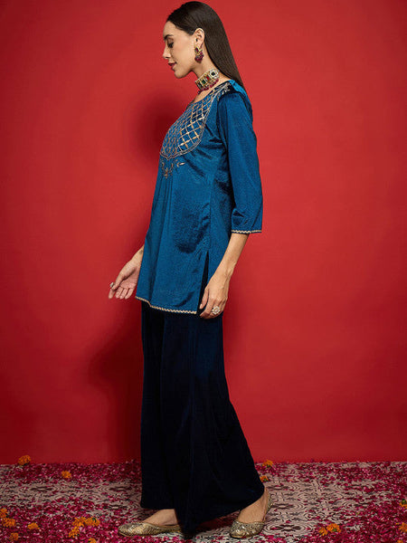 Women Embroidered Regular Velvet Kurta with Palazzos Set VitansEthnics