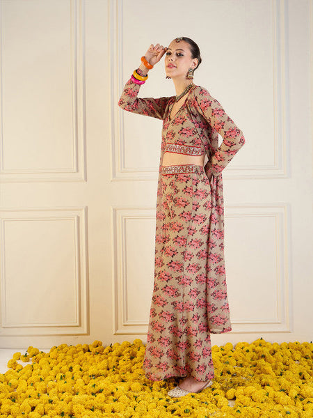Beige Floral Printed Crop Top Palazzo With Shrug Co-Ords Set Indo Western Outfit VitansEthnics