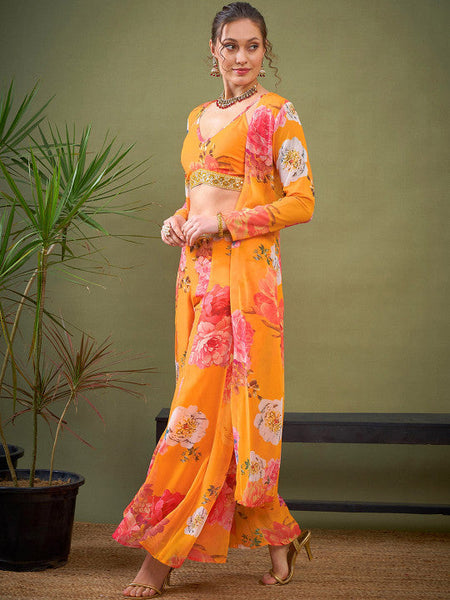 Yellow Floral Printed Crop Top Palazzo With Shrug Co-Ords Set Indo Western Outfit VitansEthnics