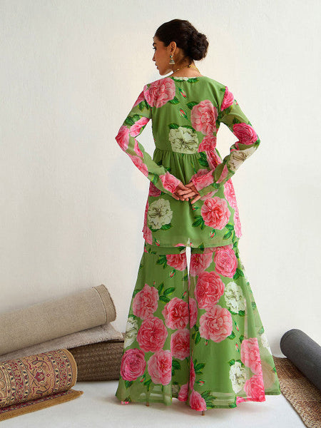 Women Green Floral Printed Empire Sequinned Kurti with Sharara Set VitansEthnics