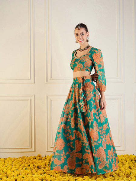 Women Green Printed Ready to Wear Lehenga Choli VitansEthnics
