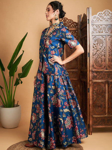 Floral Printed Blazer With Skirt Co-Ords Set Indo Western Outfit VitansEthnics