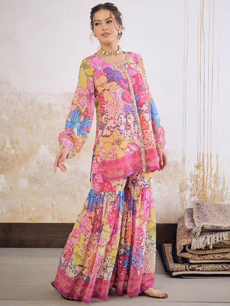 Women Floral Printed Zari Straight Kurta With Sharara Set VitansEthnics