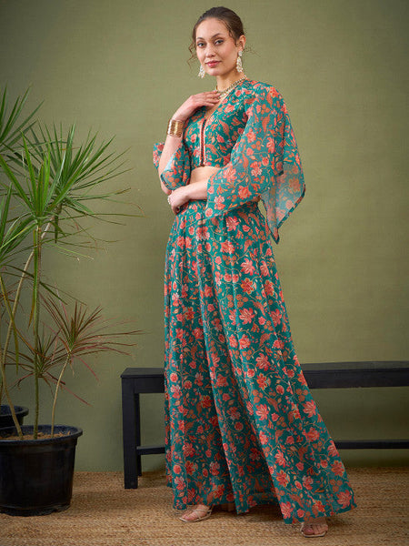 Green Floral Printed Ready to Wear Lehenga Choli VitansEthnics